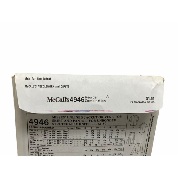 McCALL'S Sewing PATTERN 4946 Misses JACKET VEST TOP FLARED SKIRT & PANTS 6-10 - Picture 4 of 5